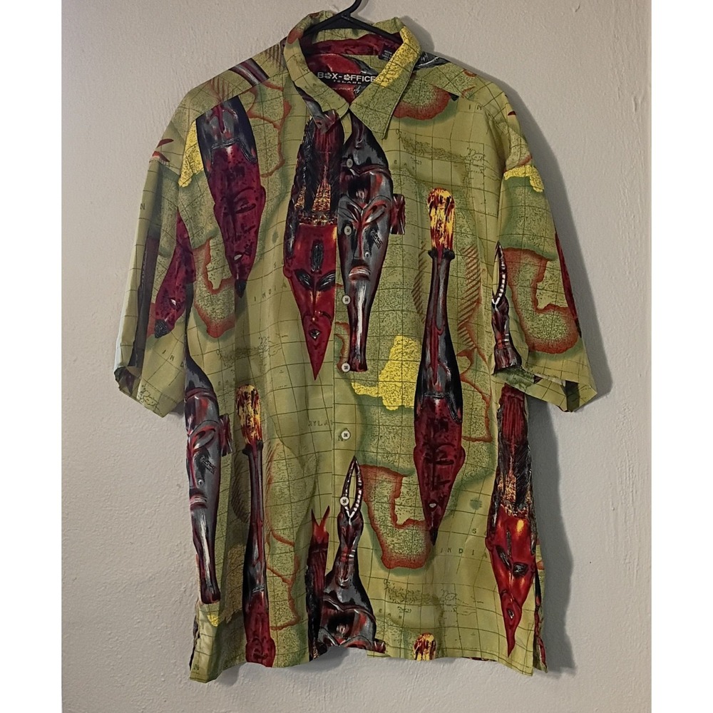 Box‎ Office Island Mens Hawaiian Shirt Size XL Tribal Short Sleeve Green